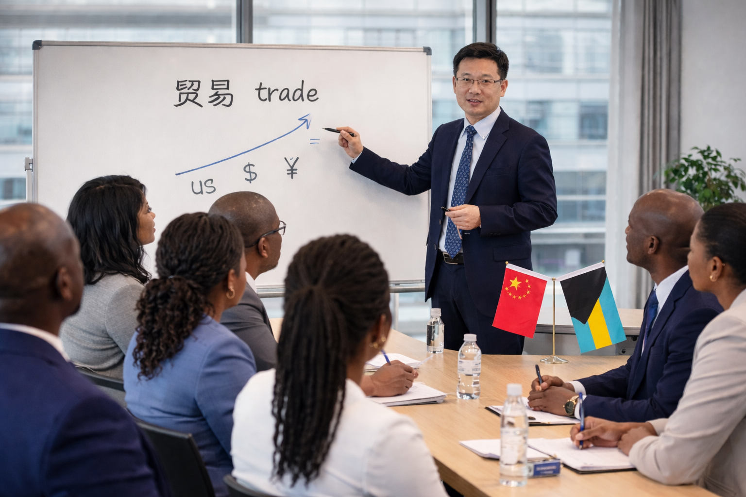 Business leader giving a presentation on international trade, with flags of China and Ukraine on the table, and members of diverse group listening.