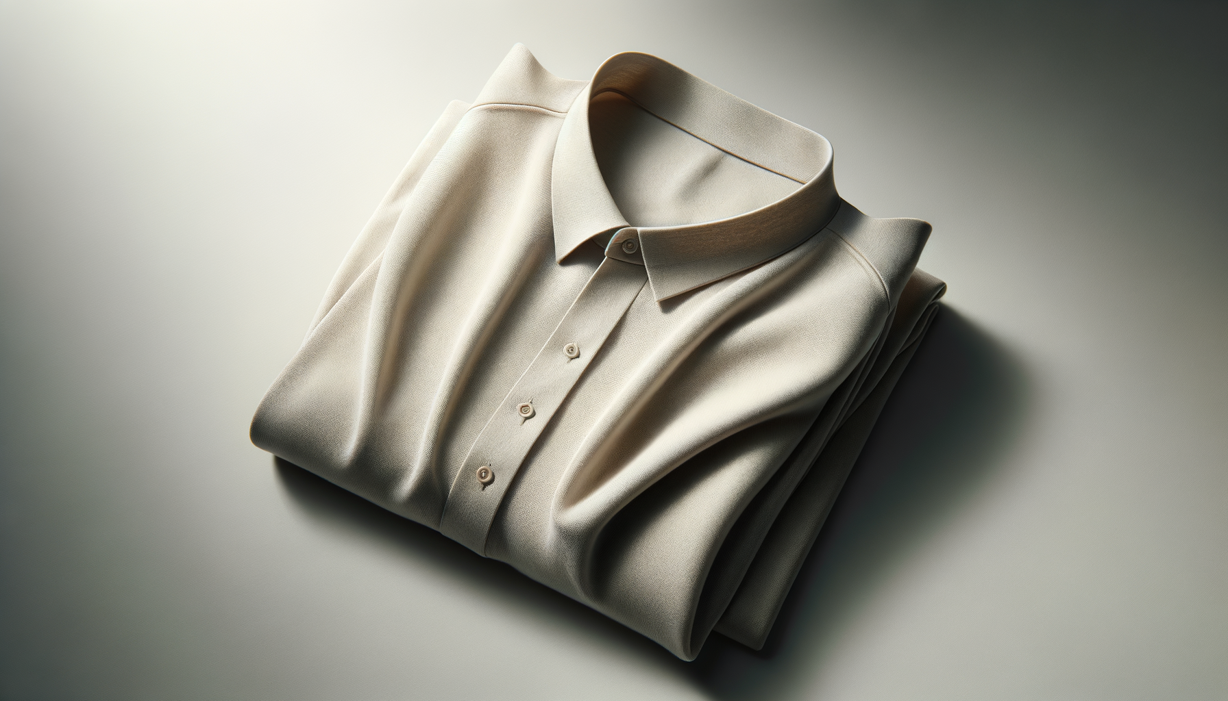 Folded beige dress shirt with a collar and button-down front, laying on a light surface.
