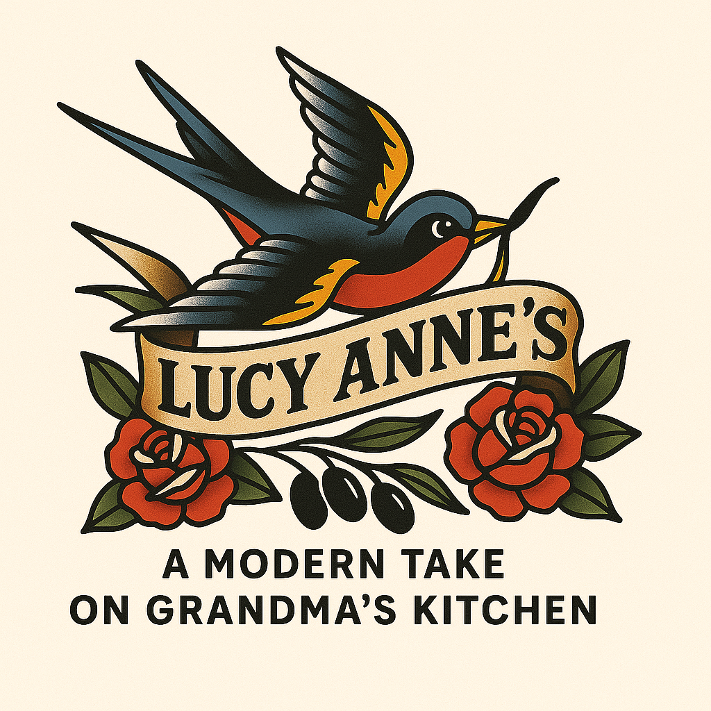 A logo for Lucy Anne's featuring a colorful swallow, roses, and olives, with the tagline 'A modern take on grandma's kitchen'.