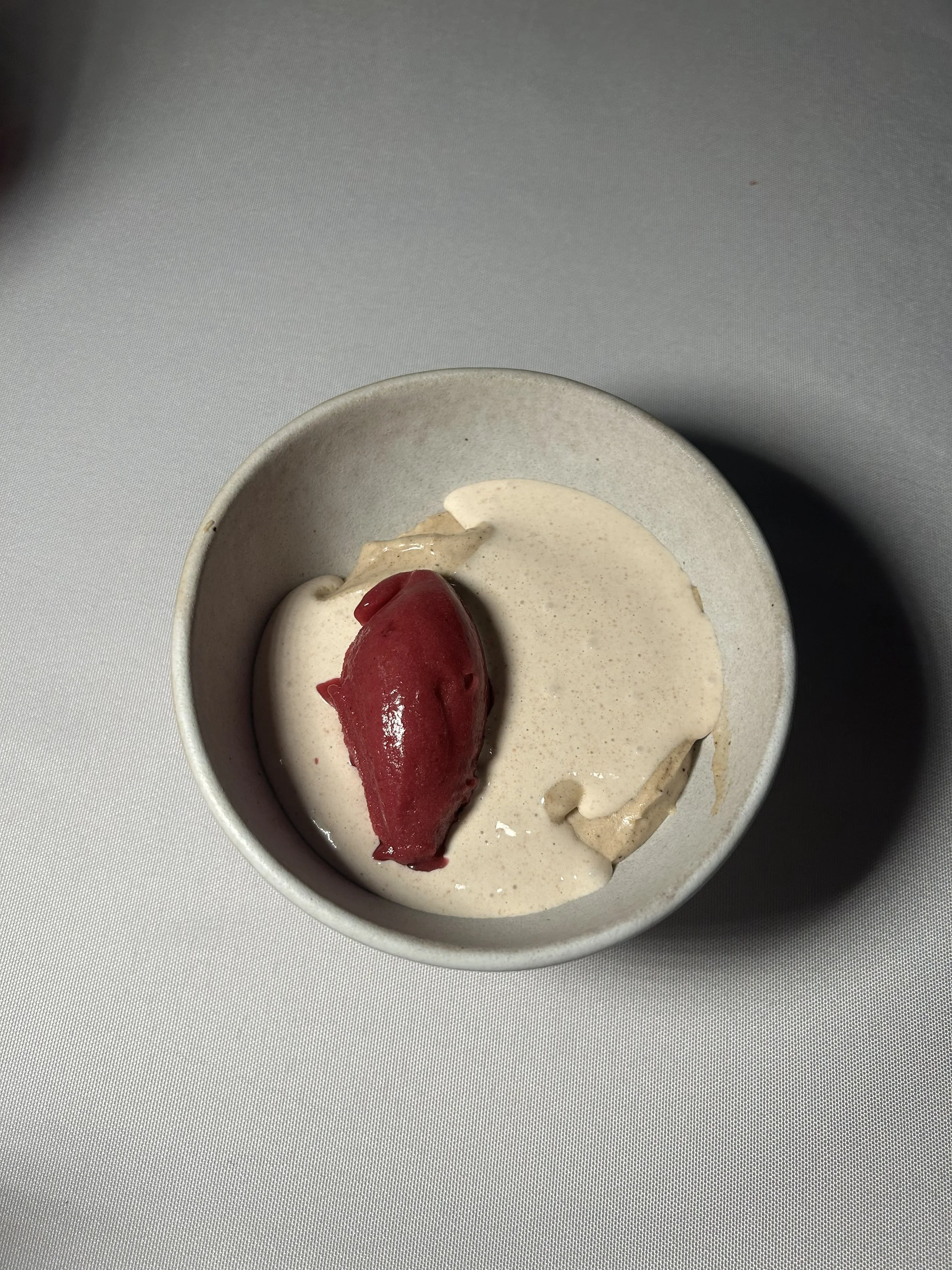 A small bowl of ice cream with a scoop of red fruit sorbet on top