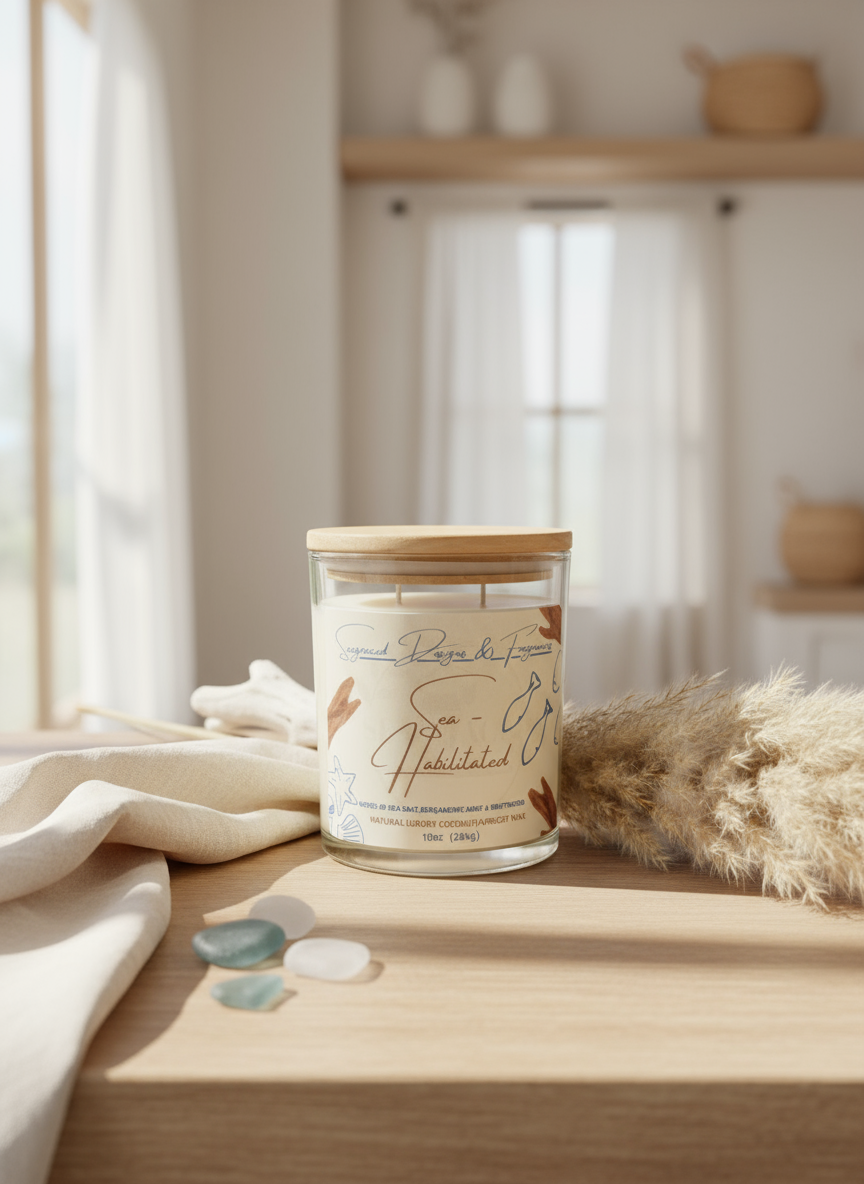 A sea-habituated candle with a wooden lid, placed on a wooden surface with decorative stones and a soft fabric, in a bright and airy room with sheer curtains and shelves with baskets.
