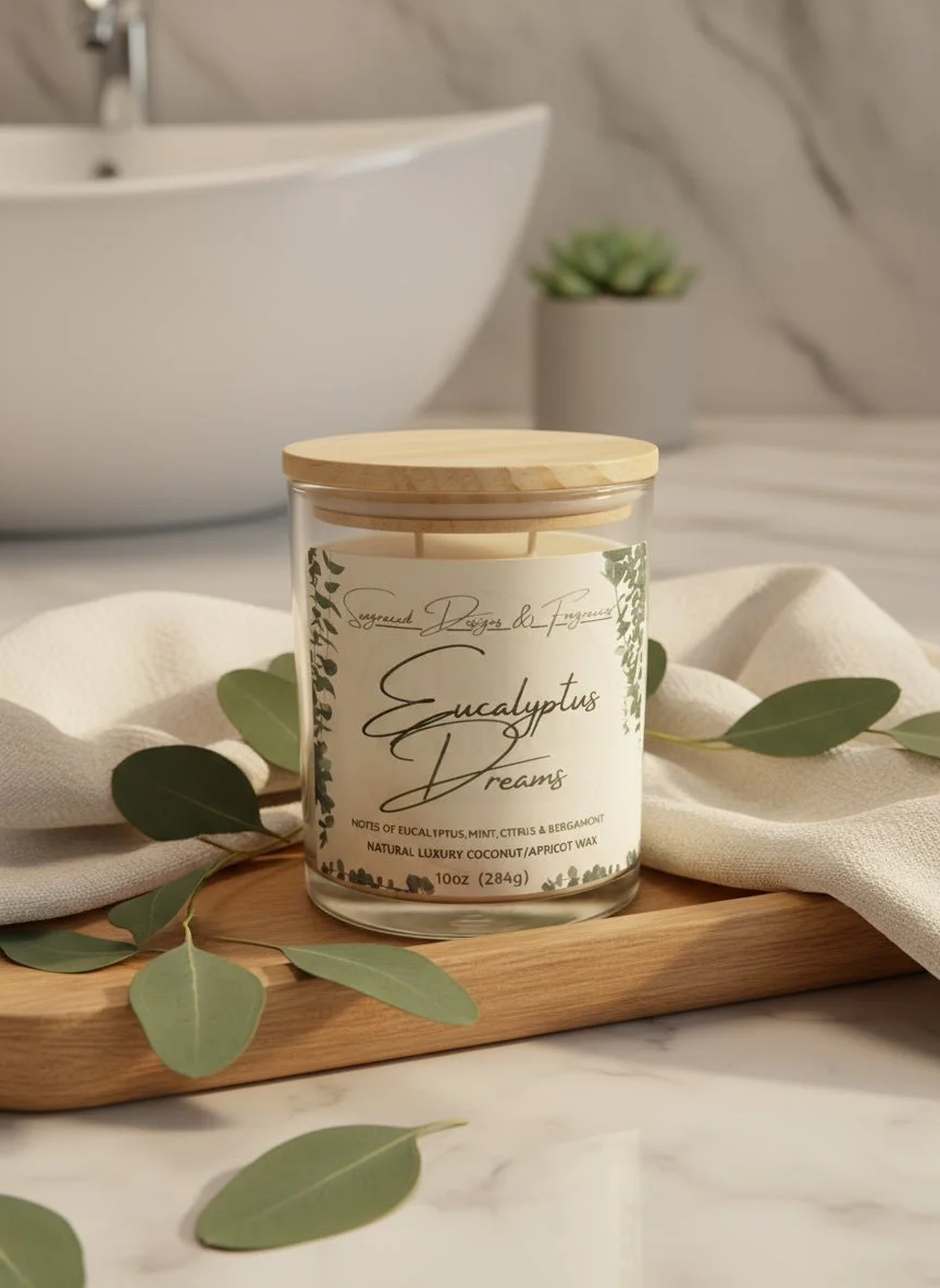 A scented candle labeled 'Eucalyptus Dreams' on a wooden tray with eucalyptus leaves, with a bathroom sink and a potted plant in the background.
