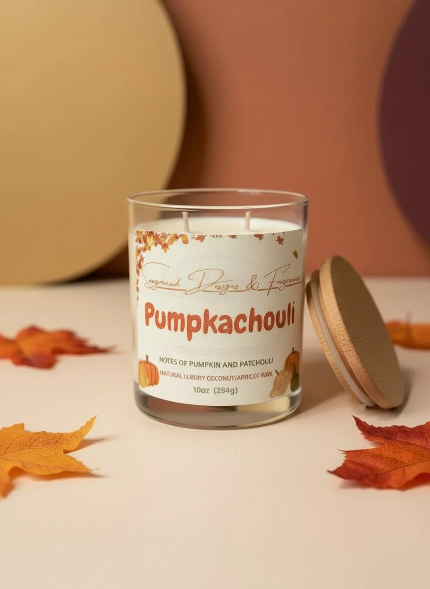 A scented candle labeled 'Pumpkachouli' with a pumpkin and patchouli scent, sitting on a white surface surrounded by autumn leaves, with a beige and brown background.