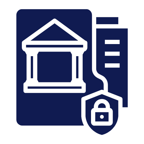 Government building icon with a shield and lock indicating security or protection in front of a file folder - symbol for national security.