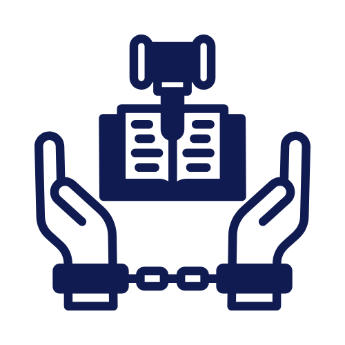 Outline of hands in handcuffs holding a book and gavel, symbolizing justice or law - symbol for criminal justice reform.