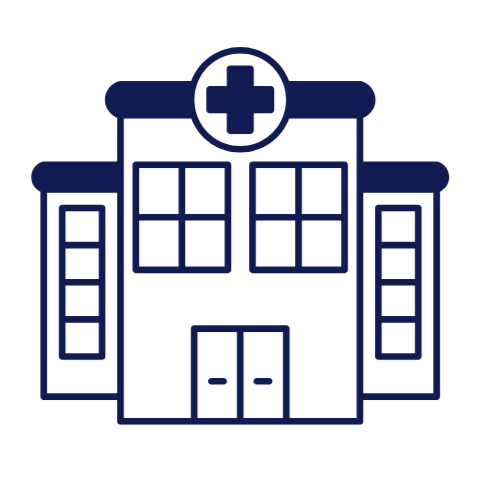 Outline of a hospital building with a cross symbol above the entrance - symbol for affordable healthcare.