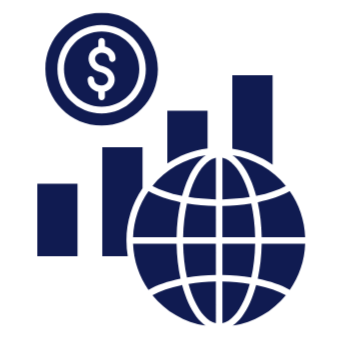 A dollar sign inside a circle, bar graph with upward trend, and a globe - symbol for an economy that works for working people.