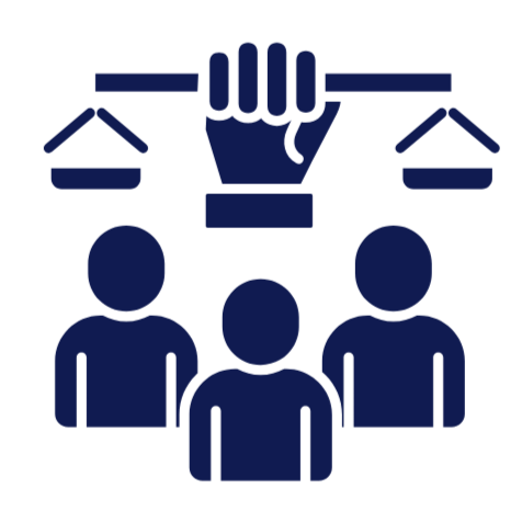 Graphic of three people with a hand holding scales above them, symbolizing justice or fairness - symbol for social justice.