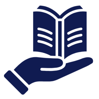 A hand holding an open book with lines of text - symbol for quality education.