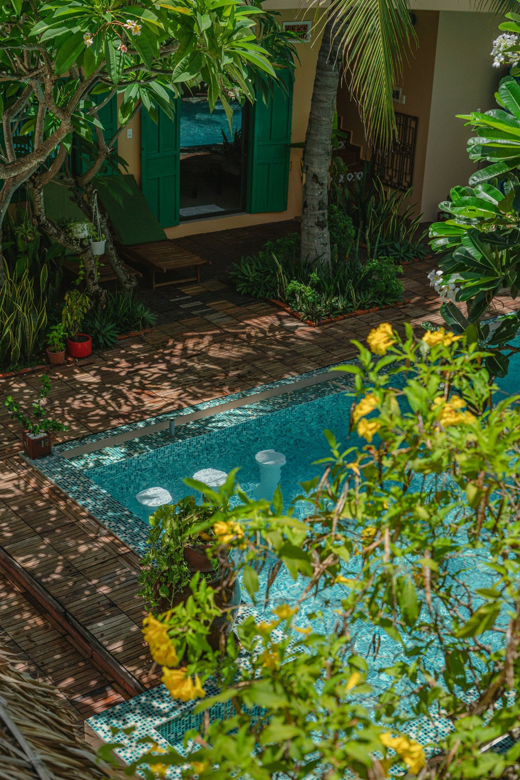 A cozy outdoor patio with a swimming pool, surrounded by lush greenery including trees, plants, and flowering bushes. There is a wooden deck with steps, green shutters on a wall with a door leading inside, and shadows from trees create dappled sunlight on the area.