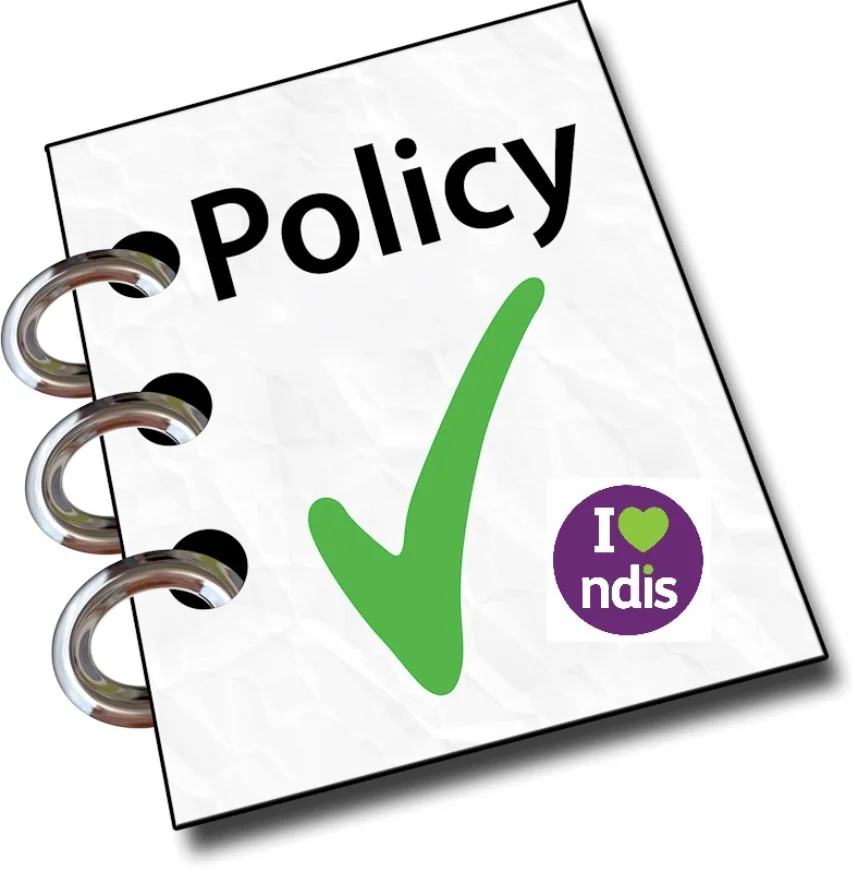 Policy document with a large green checkmark and a purple sticker that says "I love ndis".