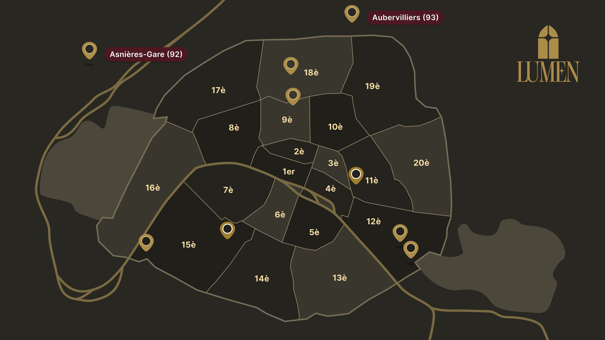 Carte de Paris avec ses quartiers et emplacements des agences Lumens, notamment à Asnières-Gare, Aubervilliers et dans le 11e arrondissement.
