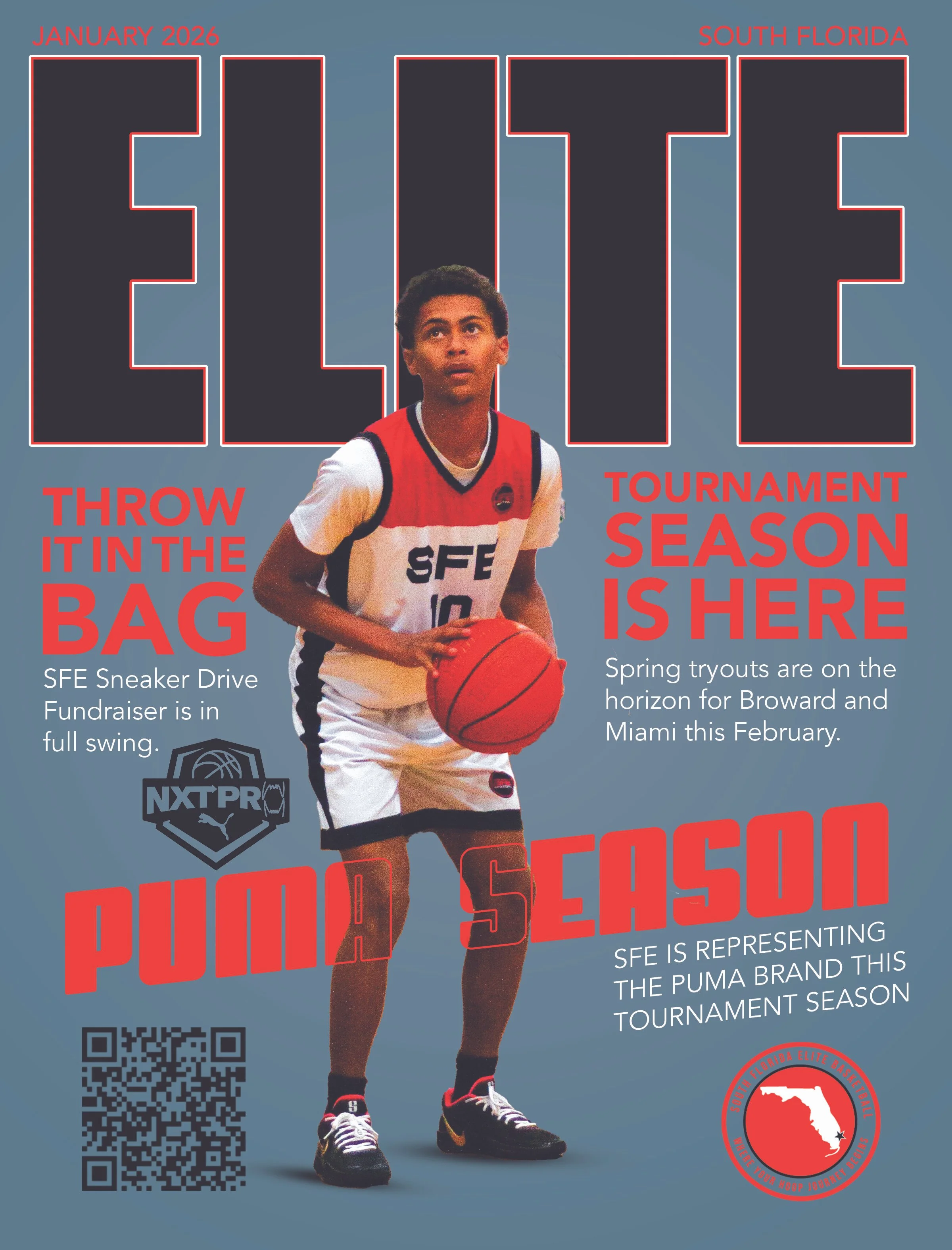 Poster promoting a basketball tournament for the South Florida Elite Basketball League in January 2026. Features a young male basketball player in a white and red uniform holding a basketball, with the headline "Elite" in large black letters. Text highlights the event's details, including a sneaker drive fundraiser, spring tryouts for Broward and Miami, and the use of Puma branding. Includes a QR code and a South Florida map logo.