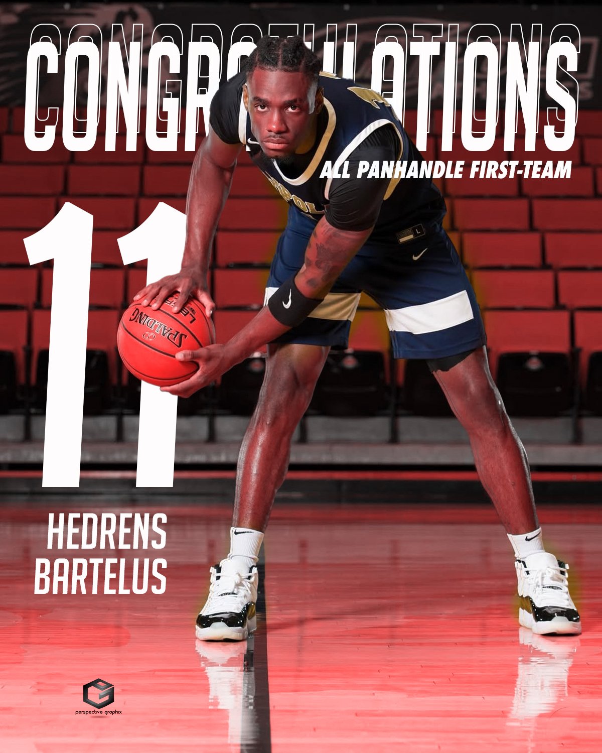 A basketball player in a black and gold jersey is on an indoor basketball court, holding a basketball with both hands, in a ready stance. The background features empty red stadium seats. Text overlay celebrates the player's achievement, mentioning all Panhandle first-team selections and listing Hedrens Bartelus.
