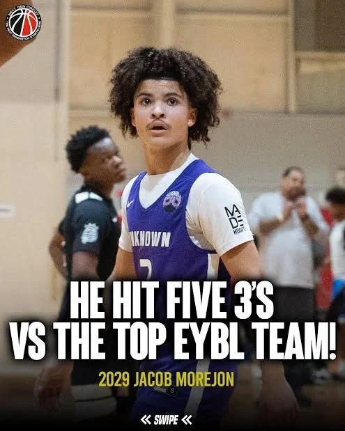 A young basketball player wearing a blue and white jersey with the number 2, looking surprised or focused, standing in an indoor gym. Other players and people are visible in the background.