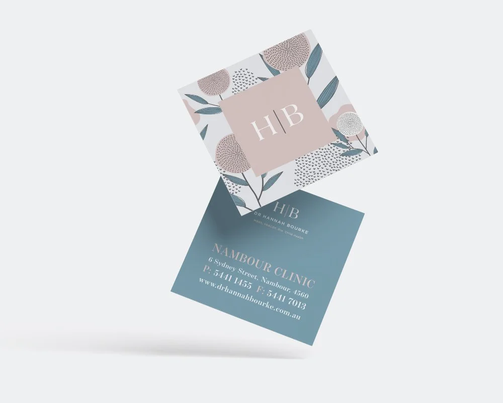 Business cards and packaging with floral design and the initials HB for a General Practitioner.