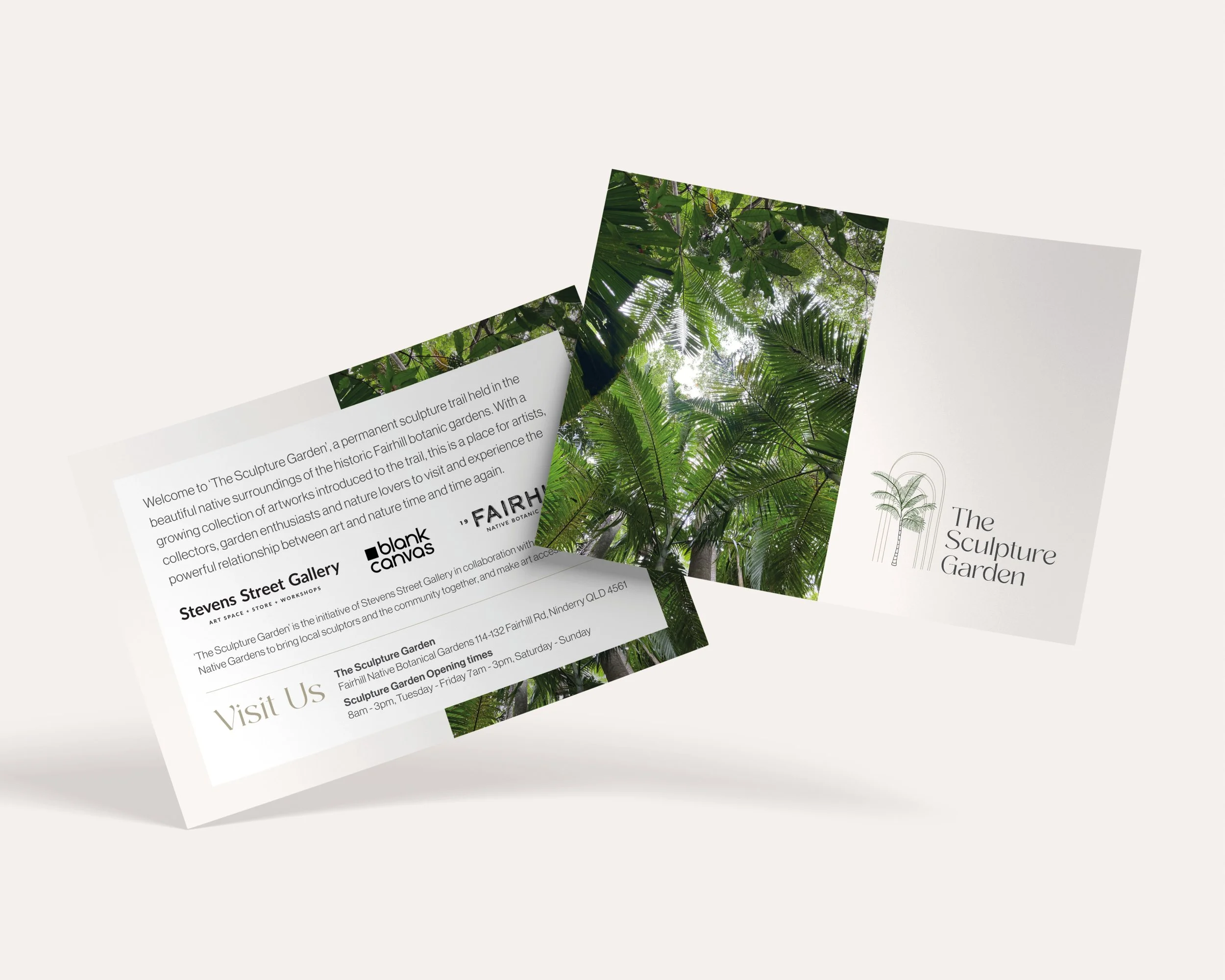Brochure for The Sculpture Garden with a cover image of green tropical leaves and text about the garden's opening hours and location.
