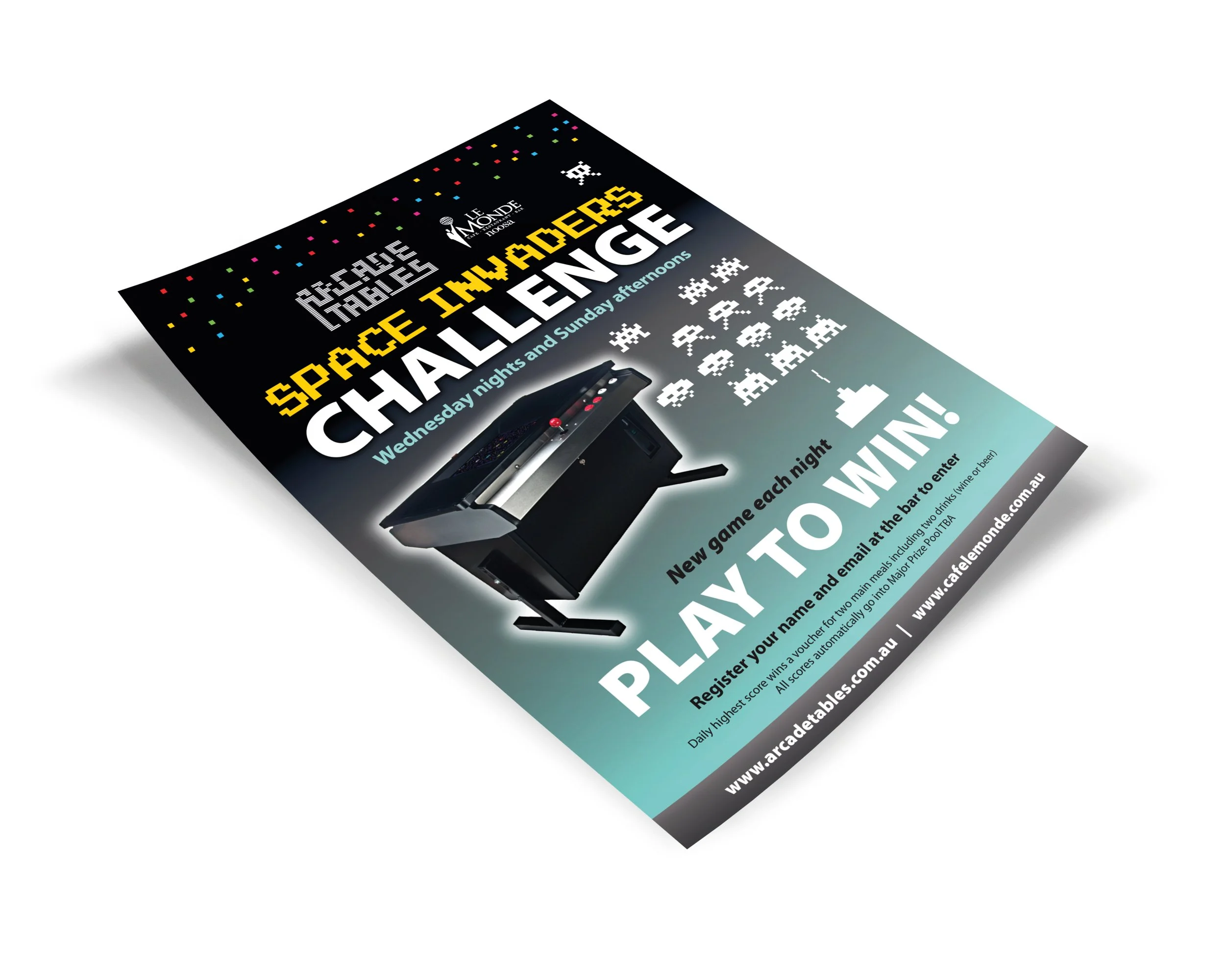 Flyer advertising space invaders themed challenge nights at a bar, featuring a photo of an arcade game and text about registration and winning prizes, with colorful pixel art decorations.