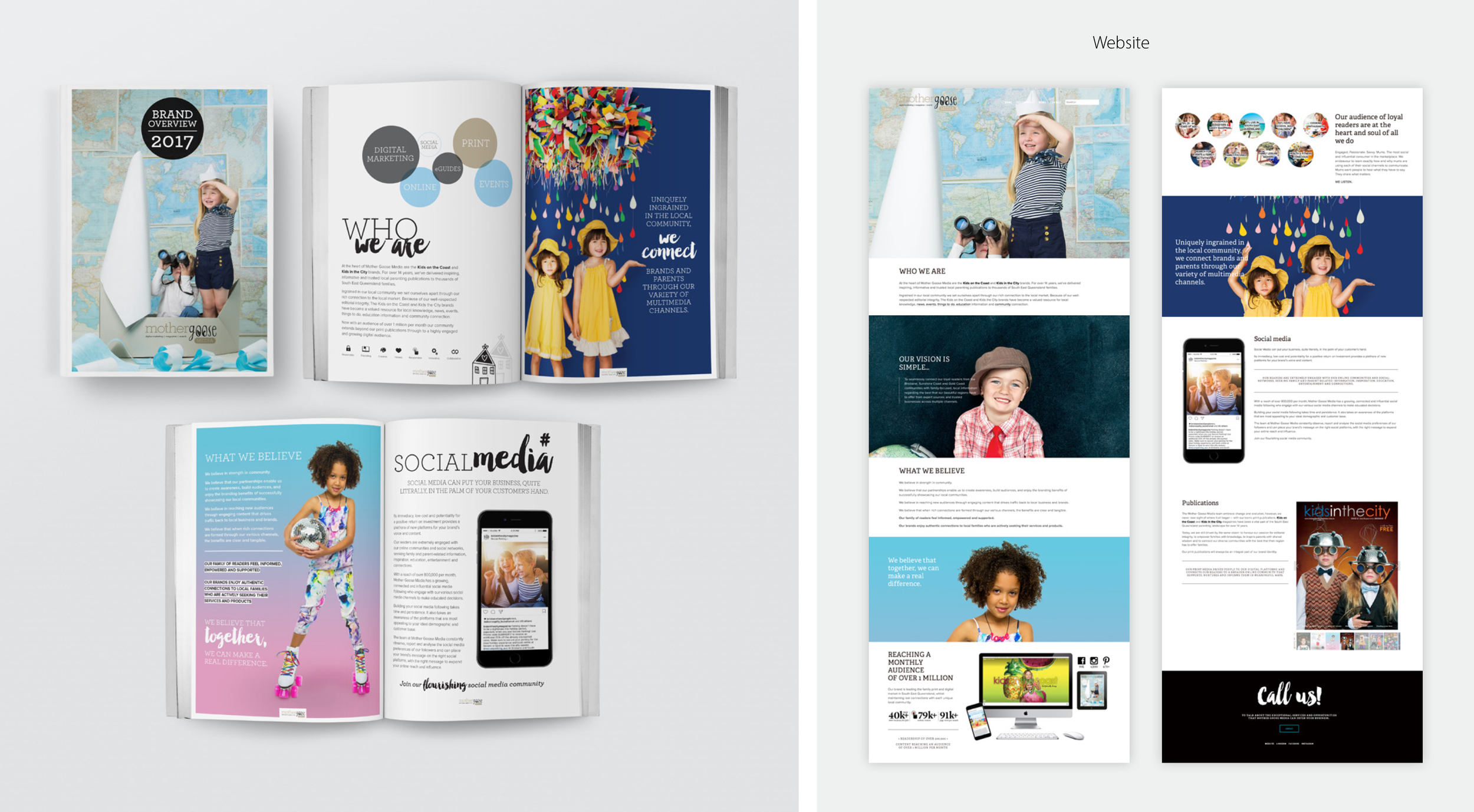 A brochure layout and website design featuring children, with colorful graphics, text about media and community, and images of kids smiling and playing.