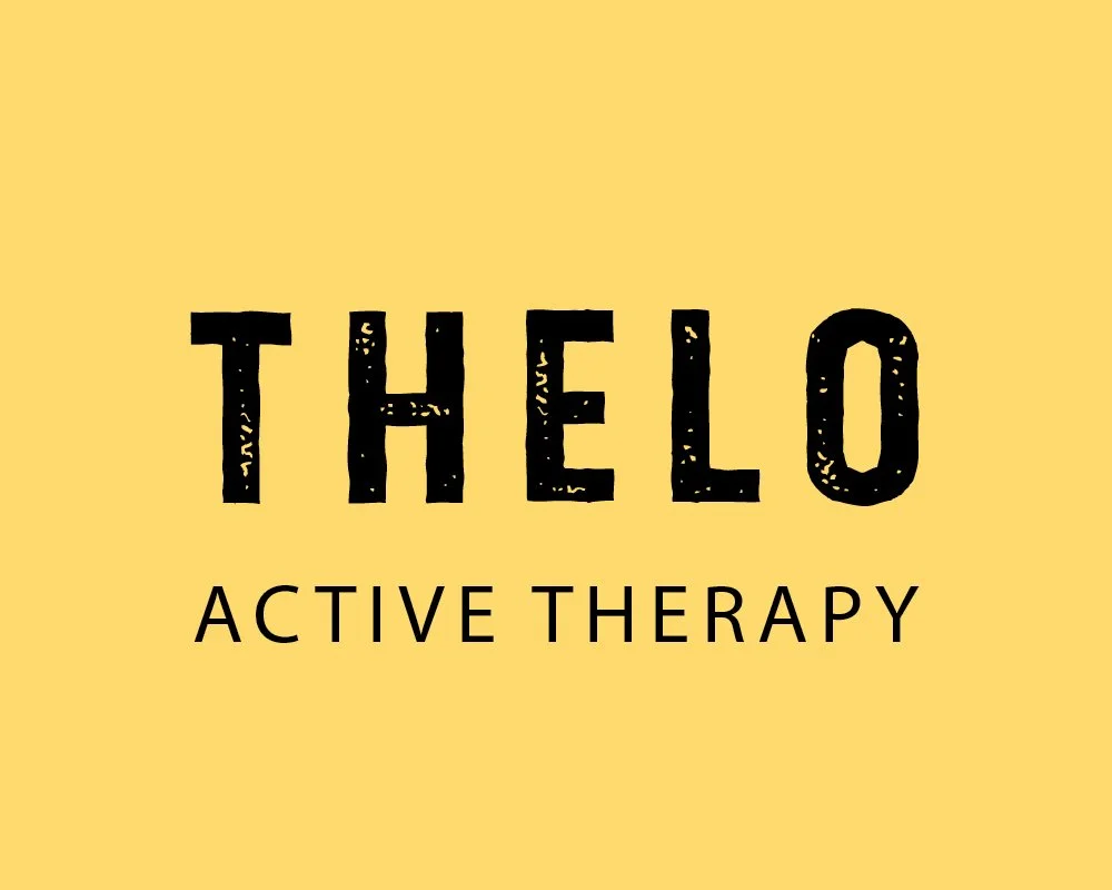 Logo for Thelo Active Therapy with bold black text on a yellow background.