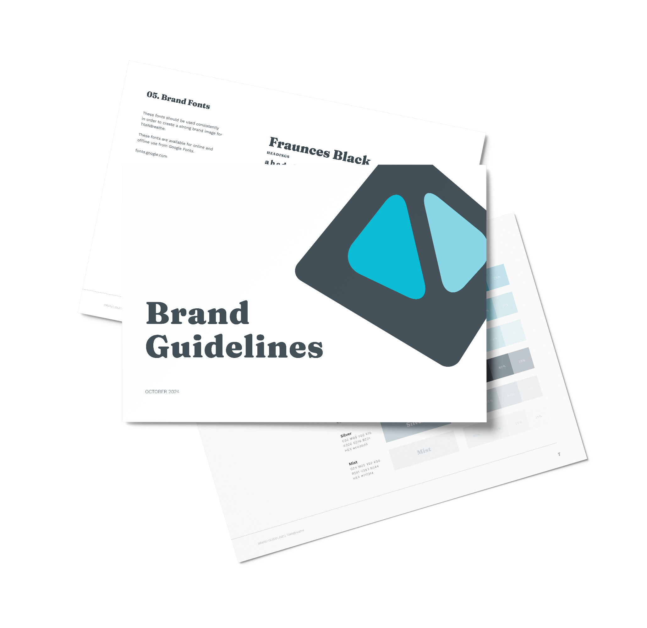 Brand Guidelines document with a dark gray and blue logo on the cover, and pages with text and color charts visible.