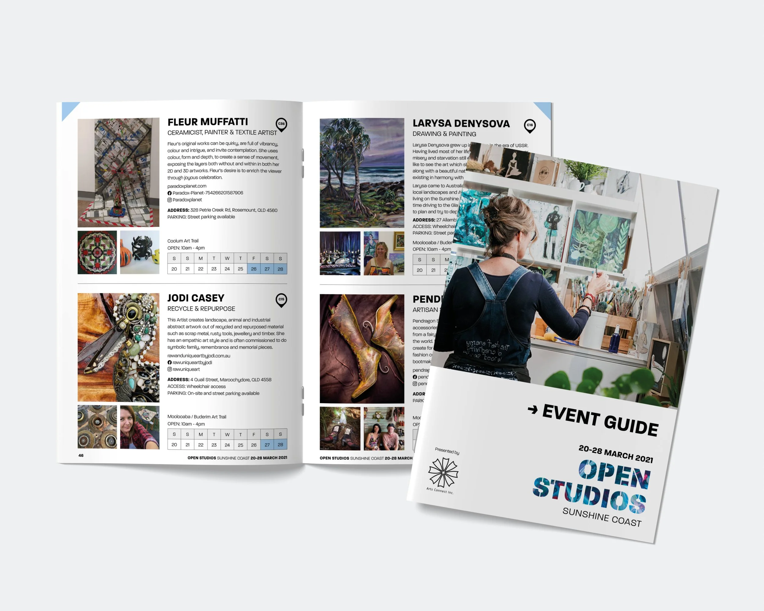 Open Studios Sunshine Coast event guide for March 20-28, 2021, featuring a woman painting in an art studio on the cover, with open studio listings and images of artwork inside.