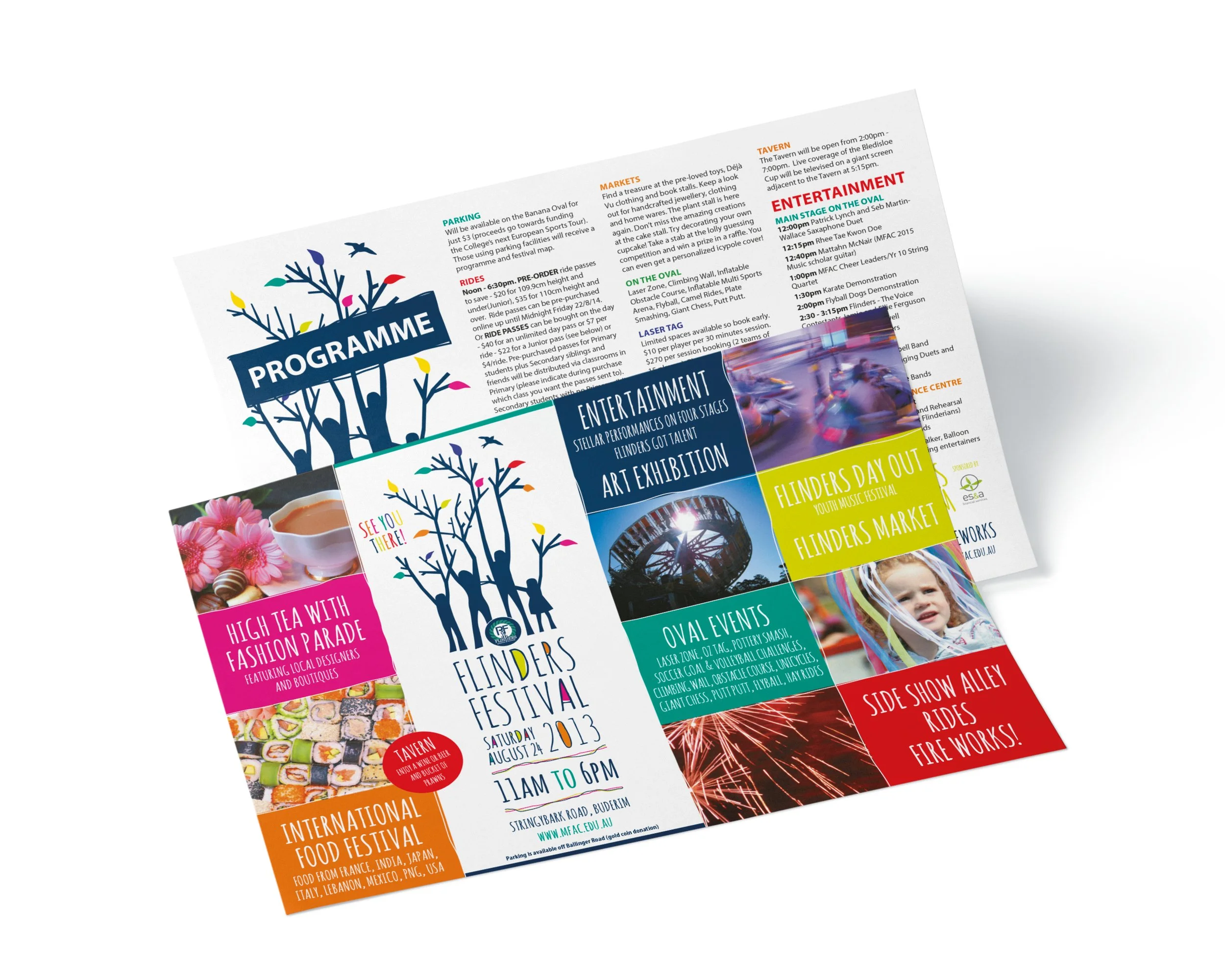 A colorful festival flyer titled 'Flinders Festival' with various sections advertising entertainment, art exhibitions, markets, activities, and food festival, featuring images of a Ferris wheel, a child, and festival event highlights.