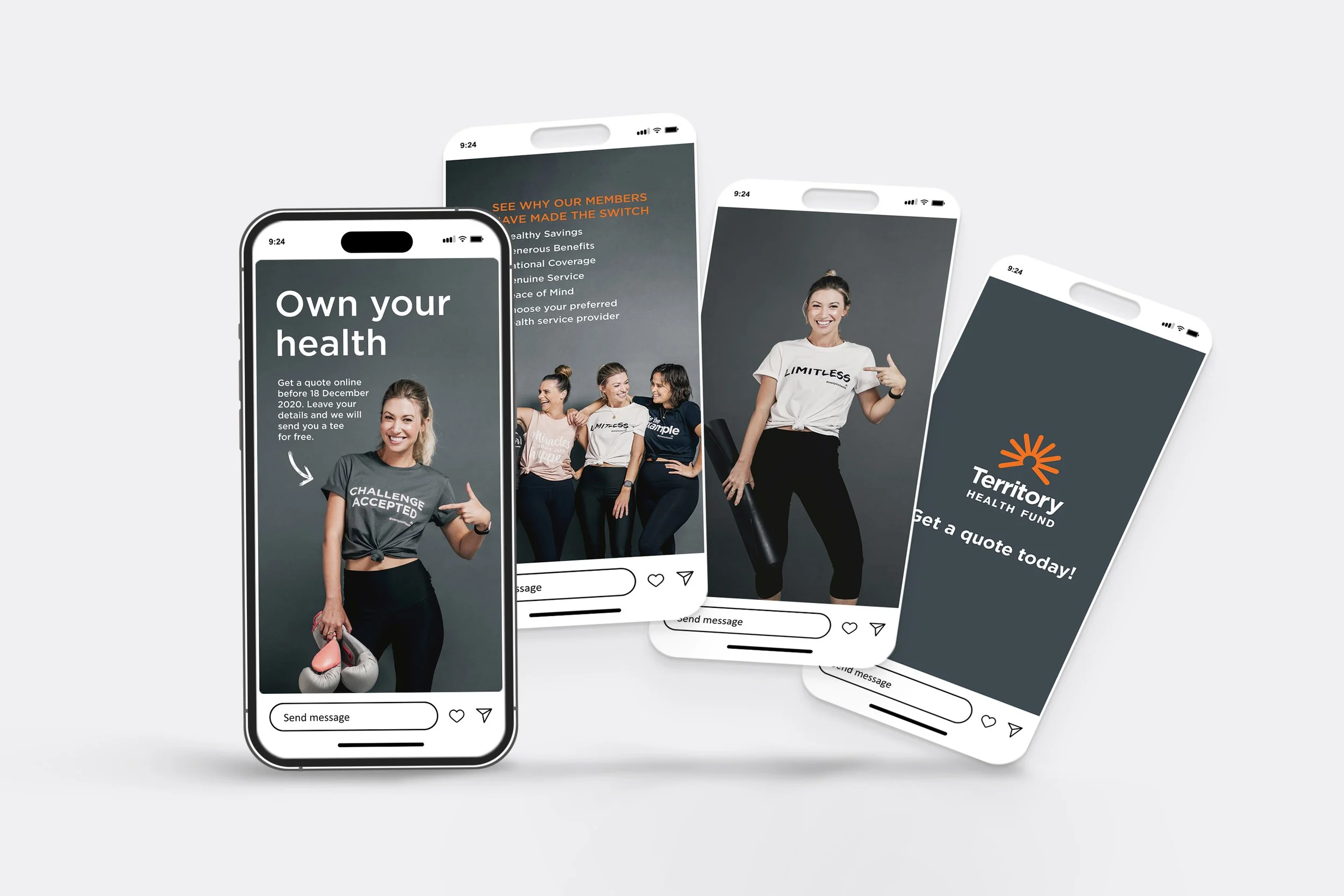 Four smartphones displaying various health and insurance promotional images with people smiling and the text related to health ownership and insurance quotes.