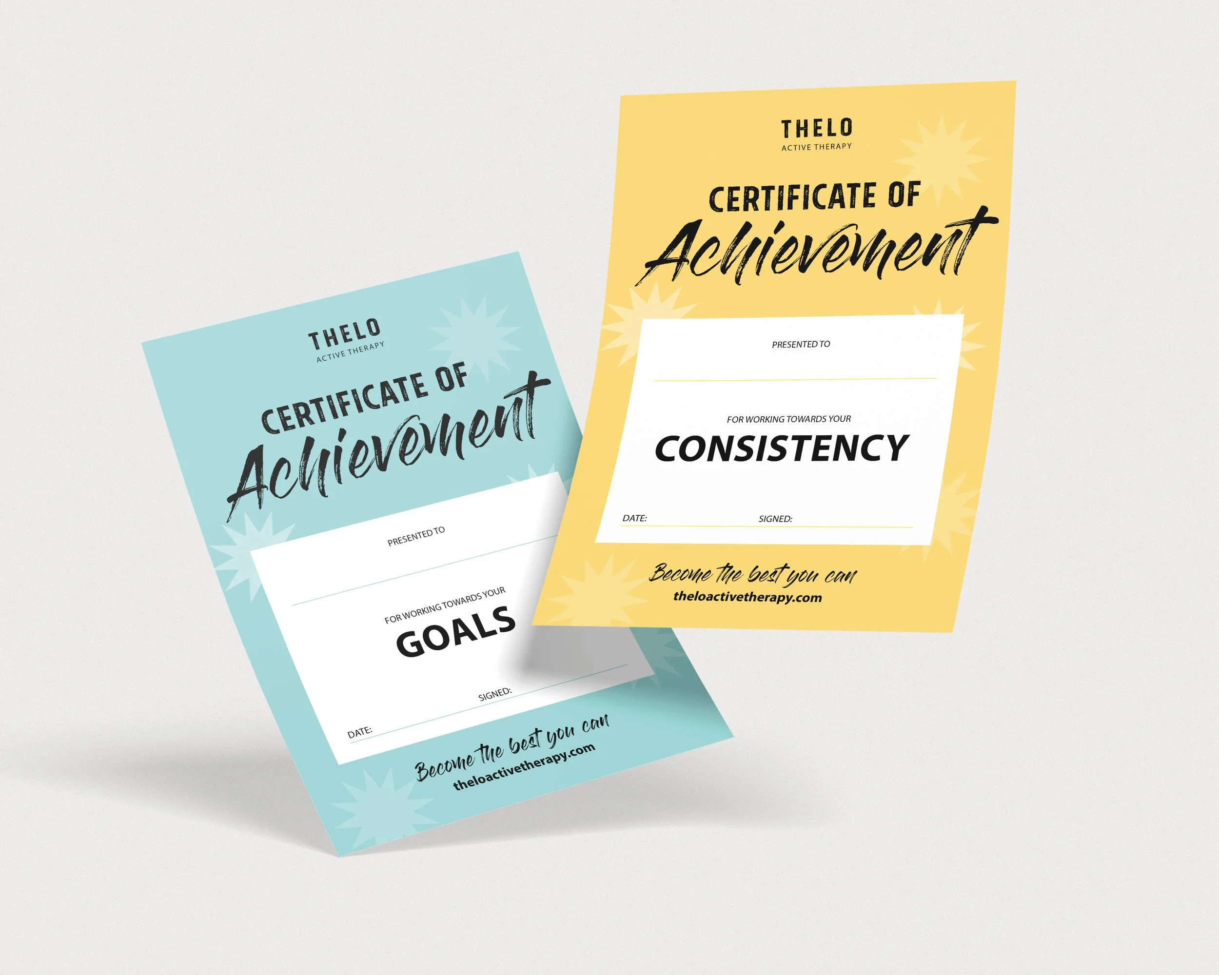 Two colorful certificates of achievement, one blue and one yellow, with spaces for recipient's name, date, and signature, promoting personal goals.