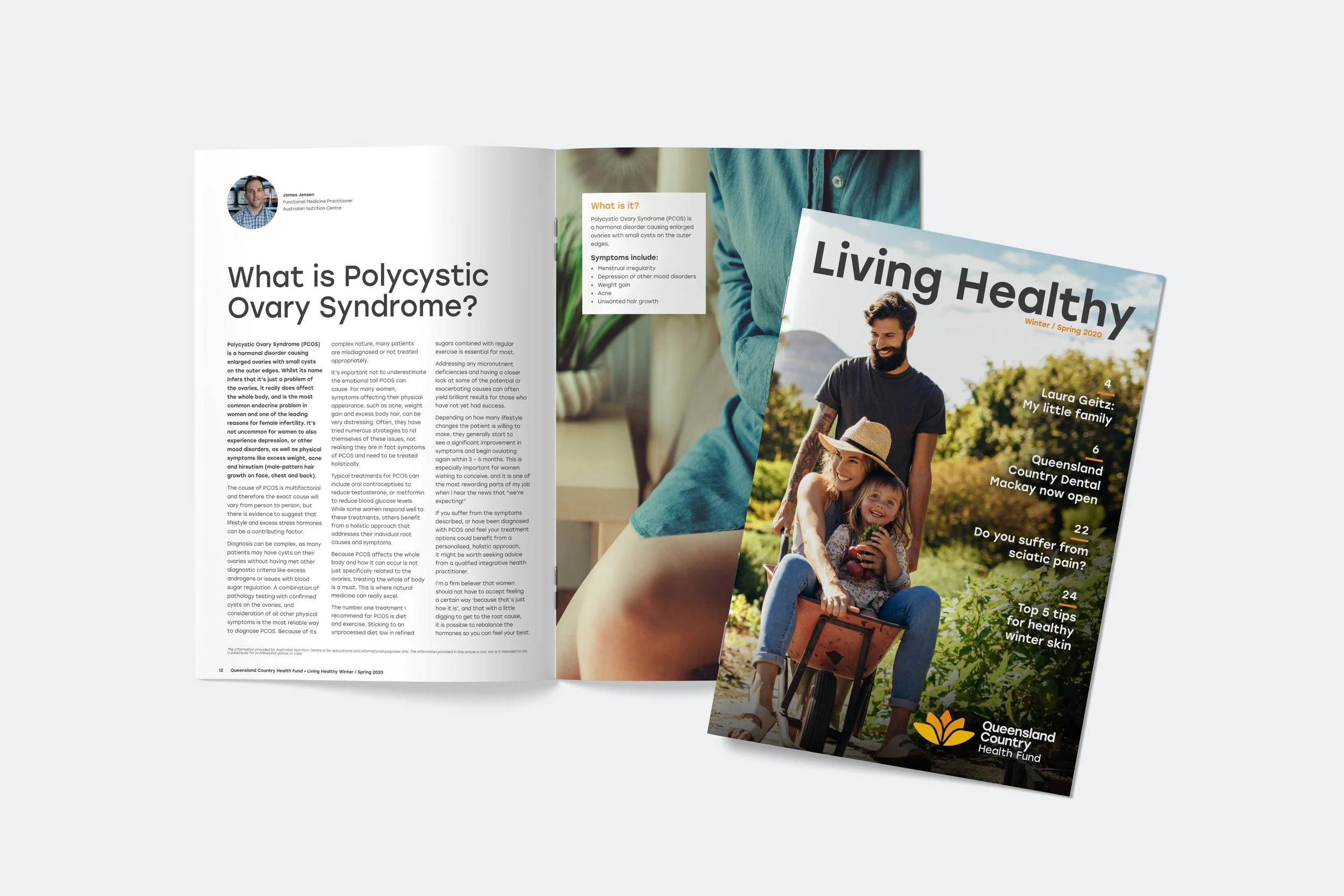 Brochure titled 'Living Healthy Winter/Spring 2020' featuring a man, woman, and young girl outdoors, with a focus on health topics from a Health Fund.