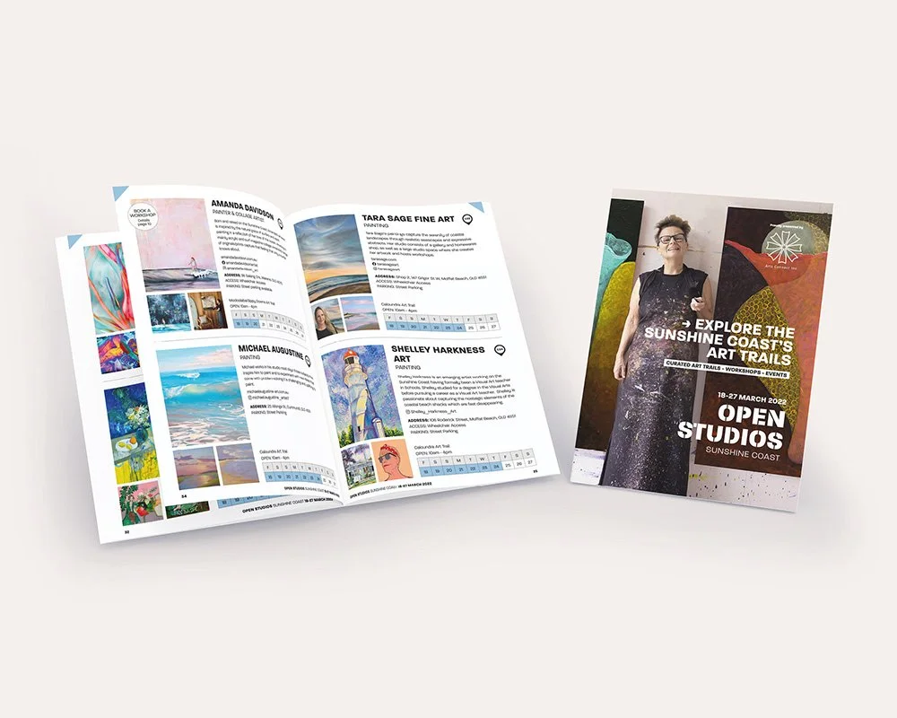 Open and closed art studio brochure with artist images and event details for Sunshine Coast, March 2023.
