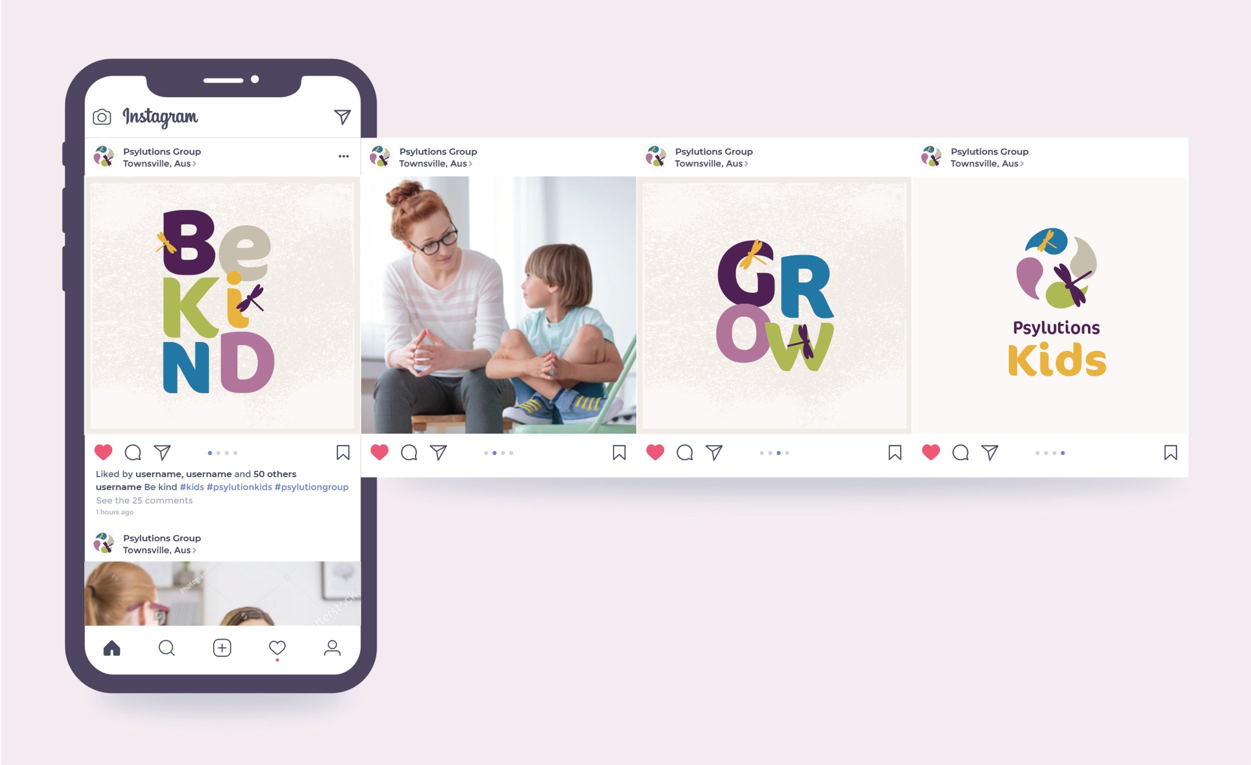 Instagram webpage with social posts promoting kids' therapy, featuring colourful text with words 'Be Kind' and 'Grow' with insect illustrations, and a photo of a woman talking to a young boy.