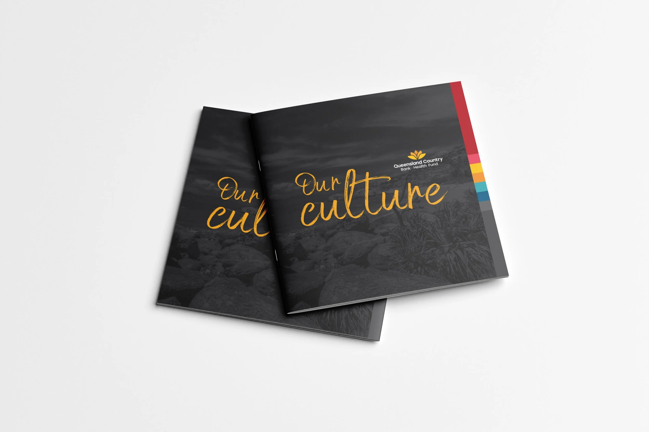 Brochure titled 'Our culture' with a dark background, colorful stripe edge.