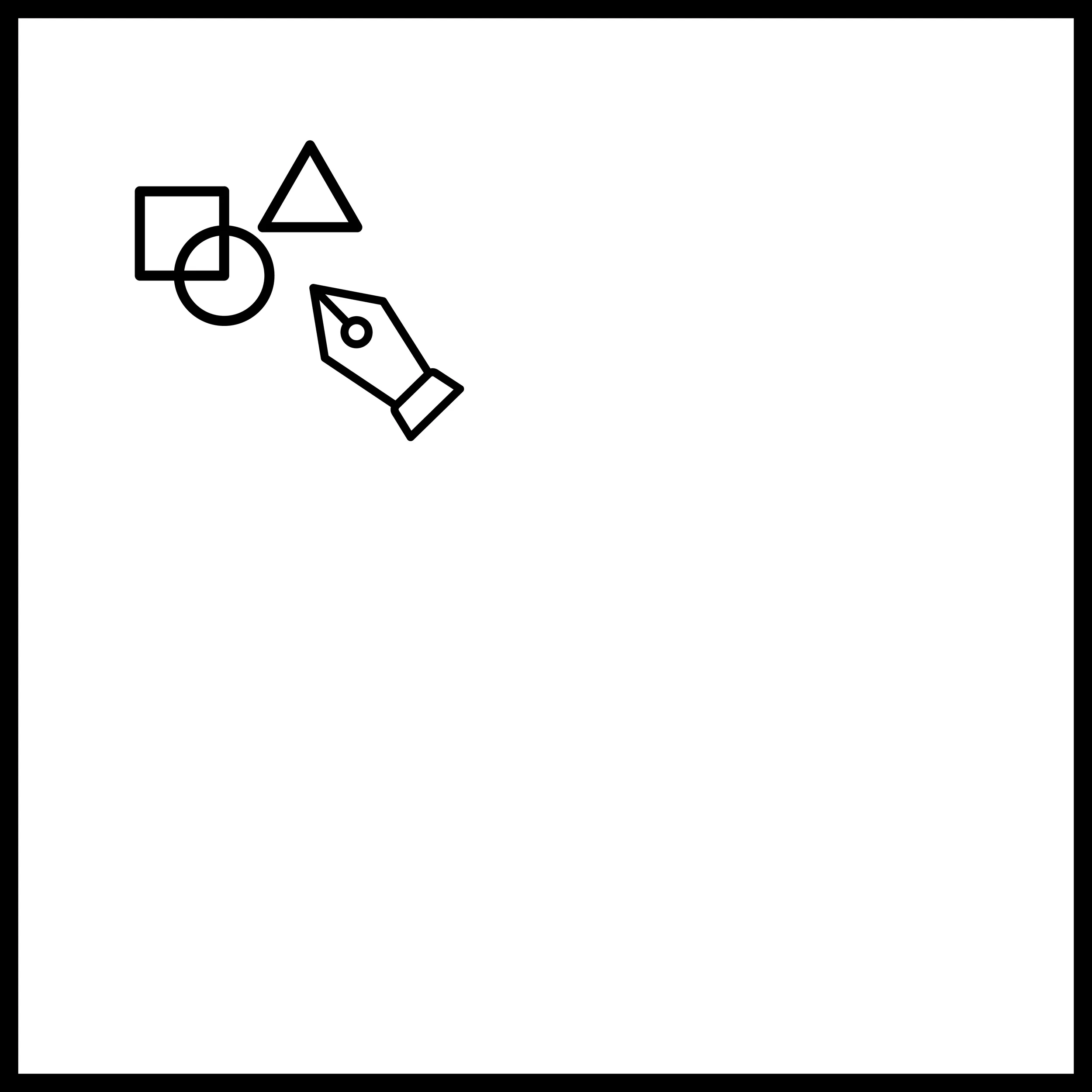 Line drawing of a hand holding a fountain pen, pointing towards a cluster of geometric shapes, including a square, a circle, a triangle, and a semi-circle.