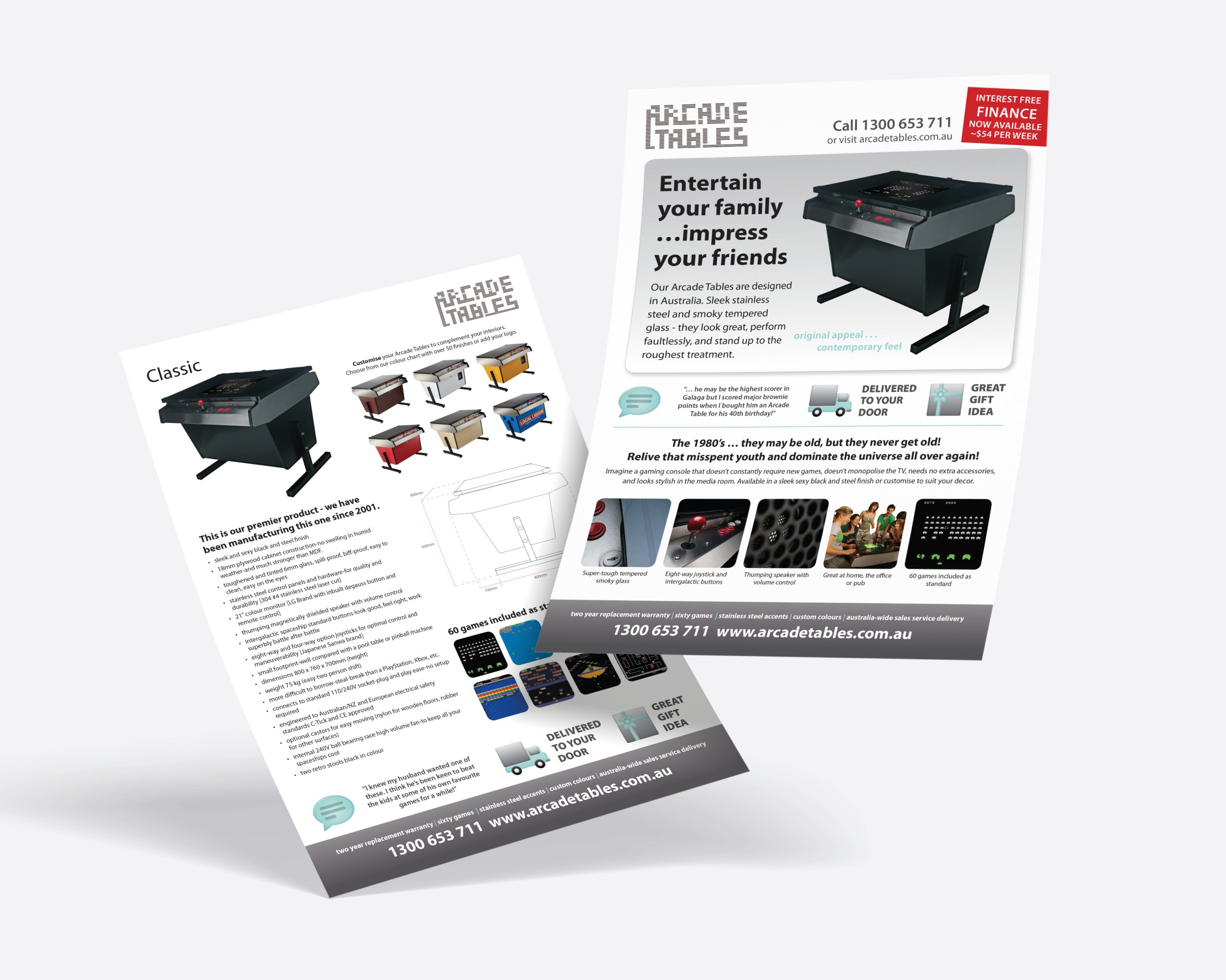 Flyer for arcade tables featuring images of various arcade tables, including a black table with controls and a glass top, with promotional text and contact information.