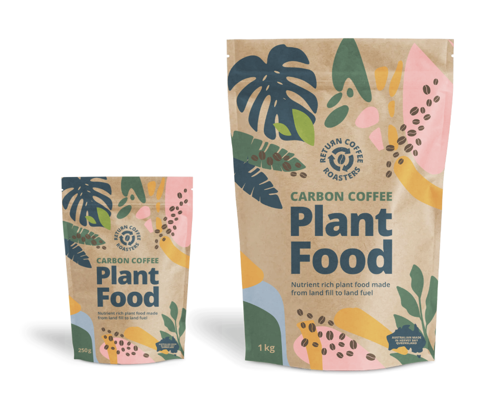 Packaging of plant-based carbon coffee food in two sizes, with colorful leaf and abstract shapes, labeled as nutrient-rich plant food made from land fill to land fuel.