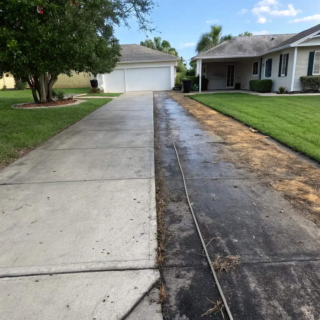 Pressure washing results on a concrete driveway