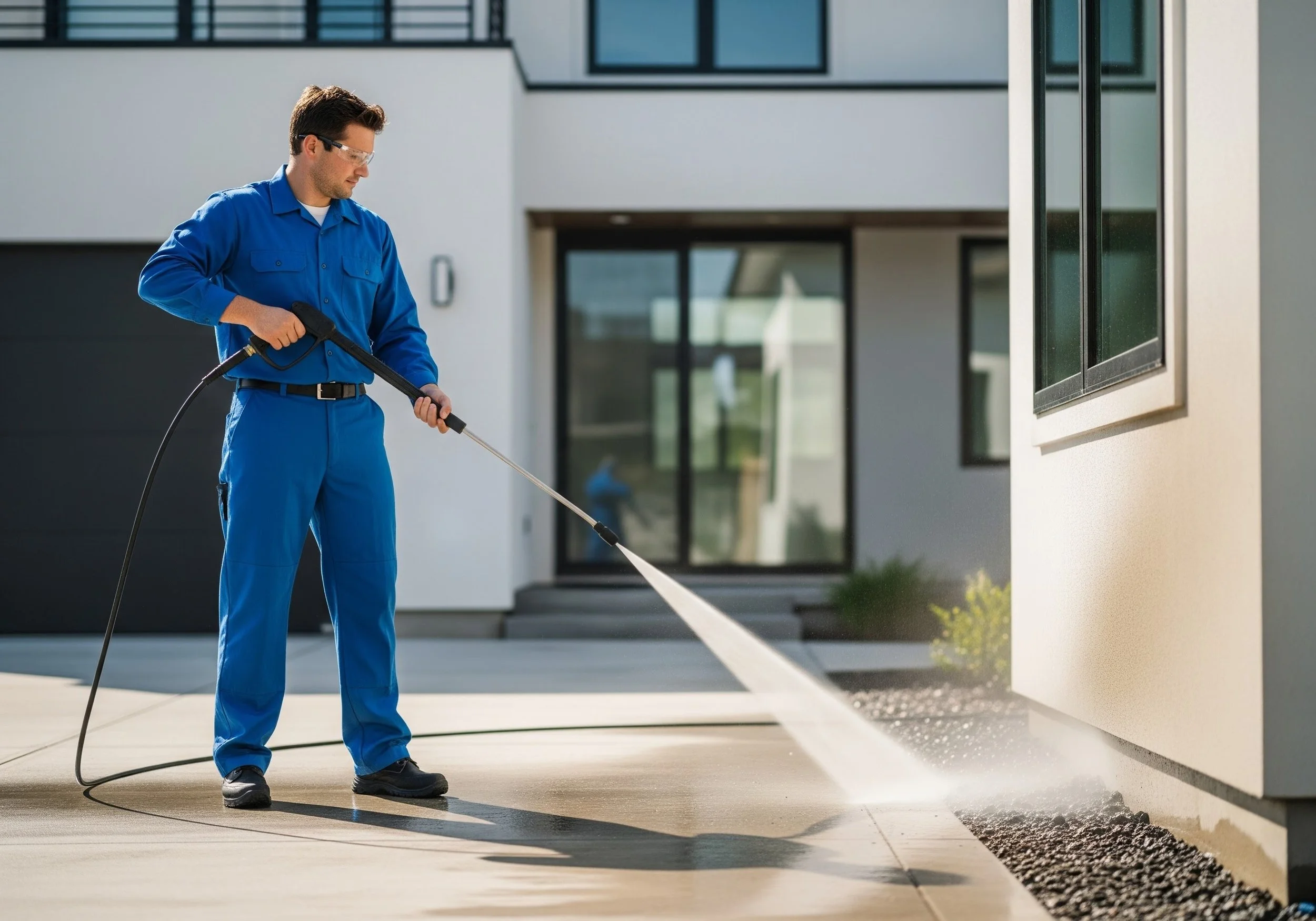 A man in blue coveralls and safety glasses pressure washing a concrete driveway outside a modern house.
