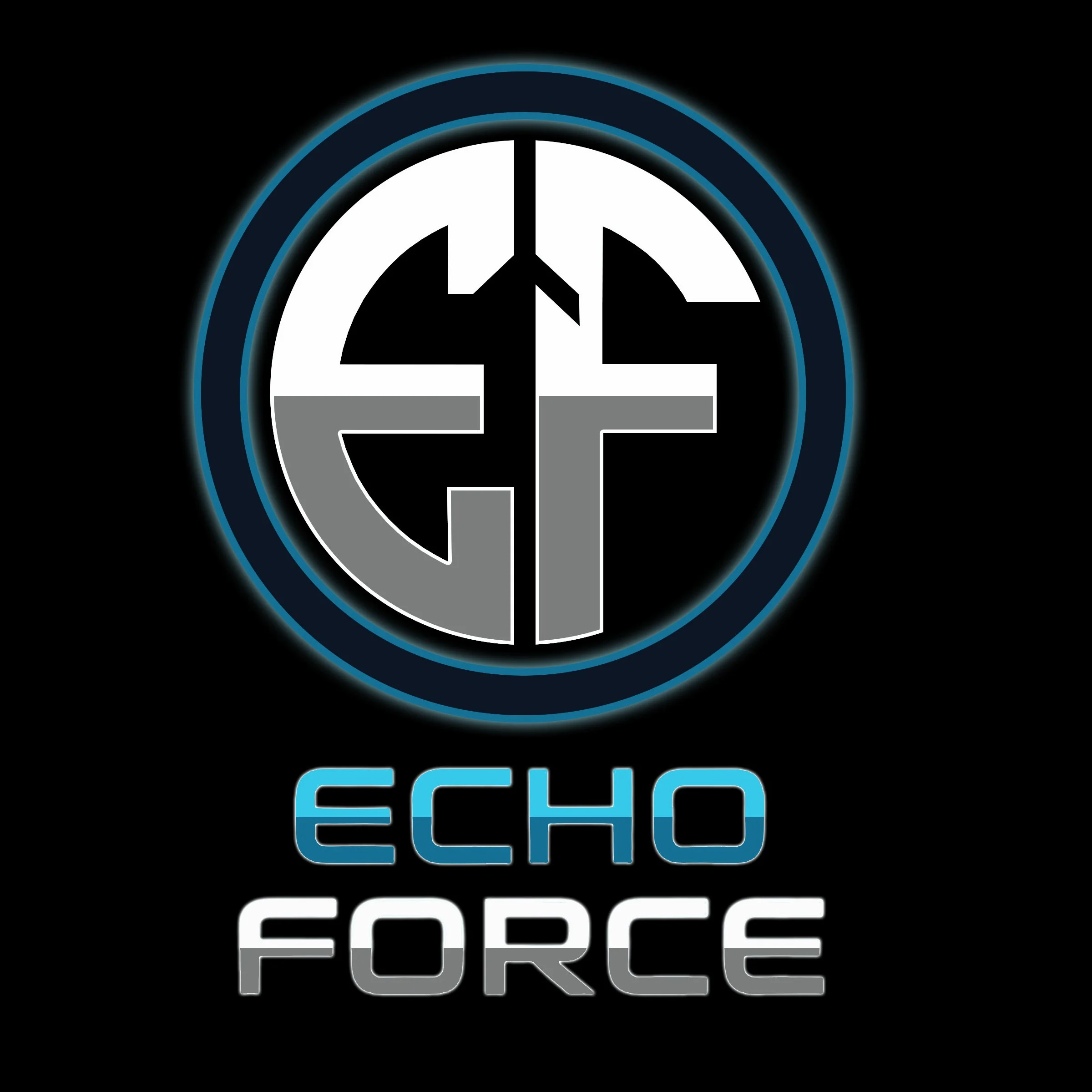 A futuristic logo for Echo Force featuring a stylized emblem with a circle, black, white, and gray design, and the text 'ECHO FORCE' below in blue, white, and gray.