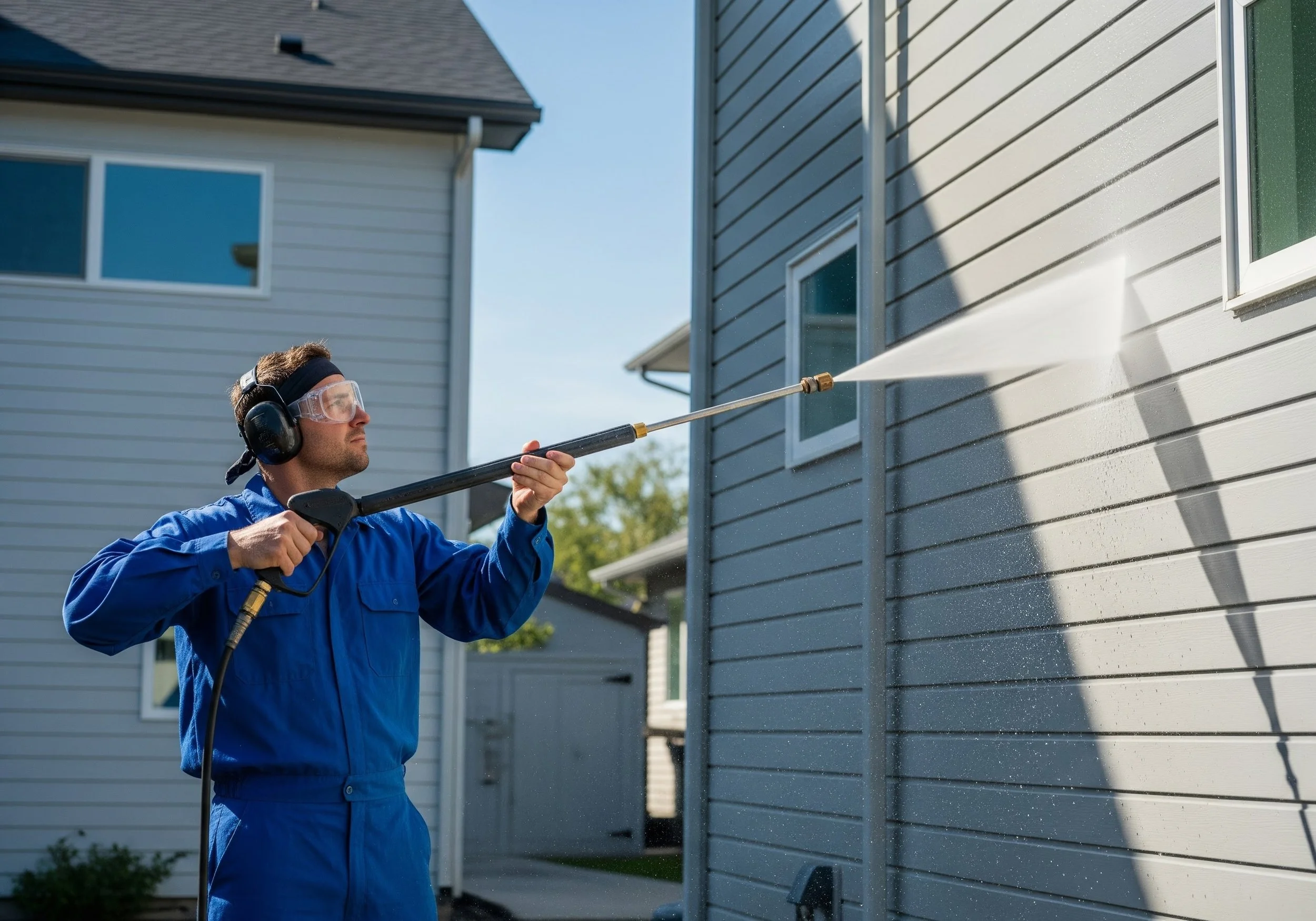 Man wearing safety gear using pressure washer to clean exterior wall of house.