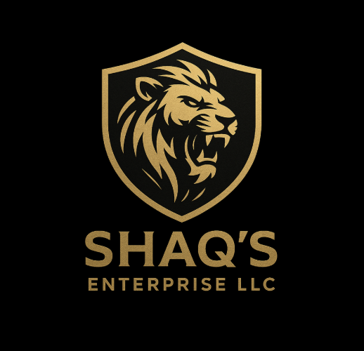 A gold and black logo featuring a lion's head inside a shield with the text 'SHAQ'S ENTERPRISE LLC' beneath it.