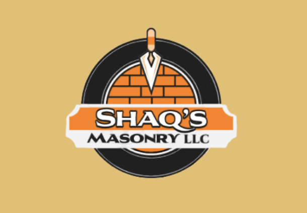 Logo for Shaq's Masonry LLC featuring a mason's trowel, brick wall, and black circle.
