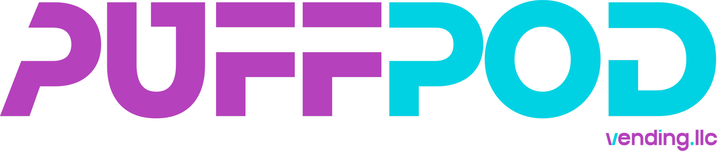 Logo with the words 'PUFF POD' in large purple and blue letters, and 'vending.llc' in smaller purple and blue letters at the bottom right.