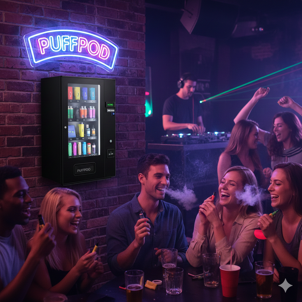 People at a nightclub are vaping and laughing while a DJ plays in the background, with a neon sign that says 'PUFFPOD' and a vending machine on a brick wall.