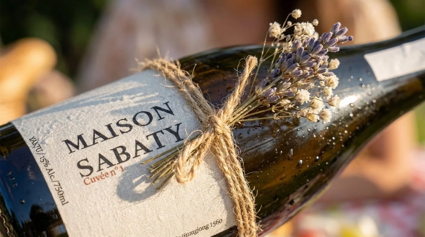Close-up of a brown glass bottle with a rustic label reading 'Maison Sabaty, Cuvée No 1' and a small bouquet of lavender and dried flowers tied around its neck with twine. The bottle has condensation droplets on it.