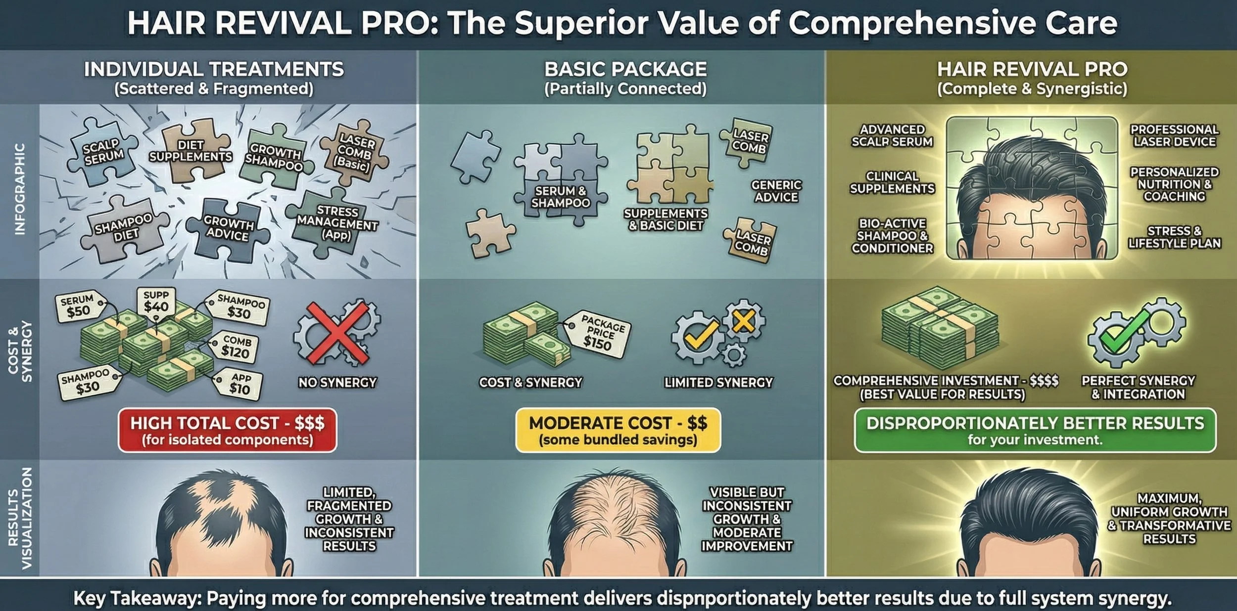 An infographic comparing three hair treatment options: individual treatments, basic package, and hair revival pro. It highlights costs, results, and synergy levels, emphasizing that comprehensive care offers better results through full system synergy.