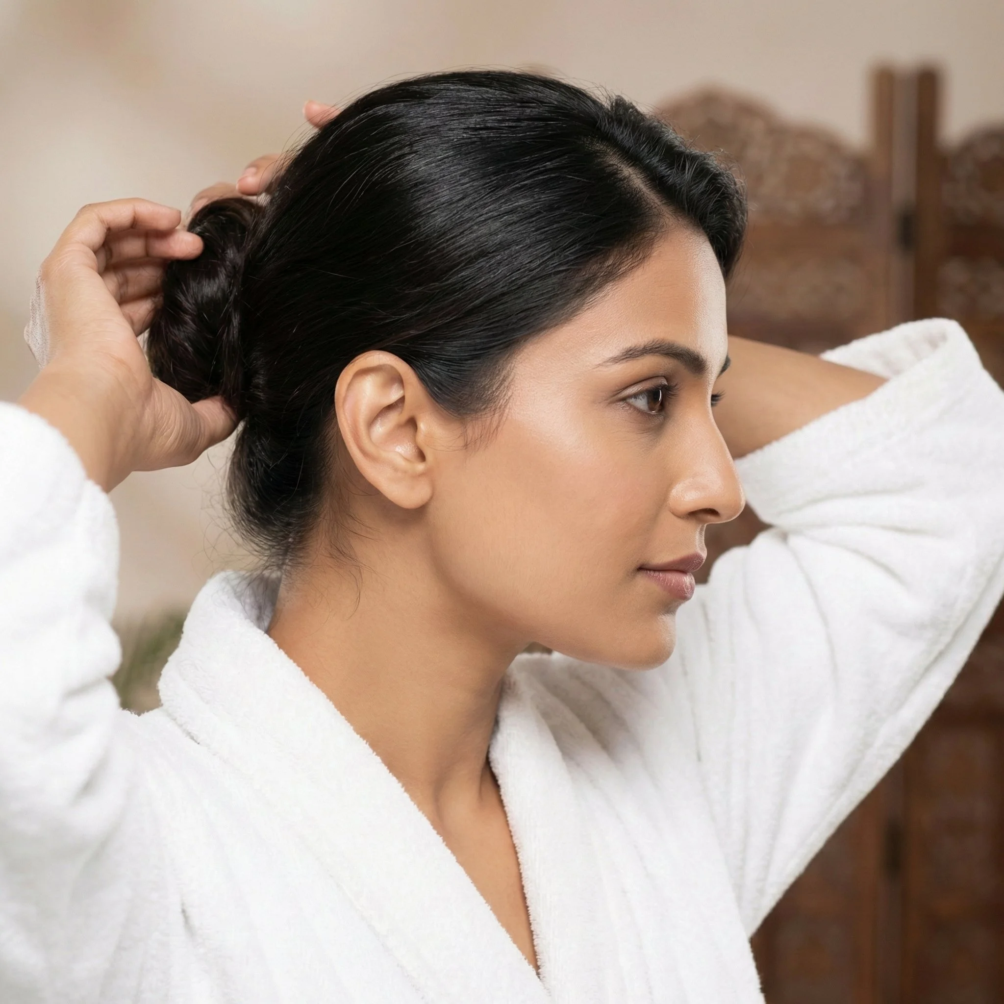 Woman with dark hair styled in a bun, wearing a white robe, adjusting her hair behind her head.