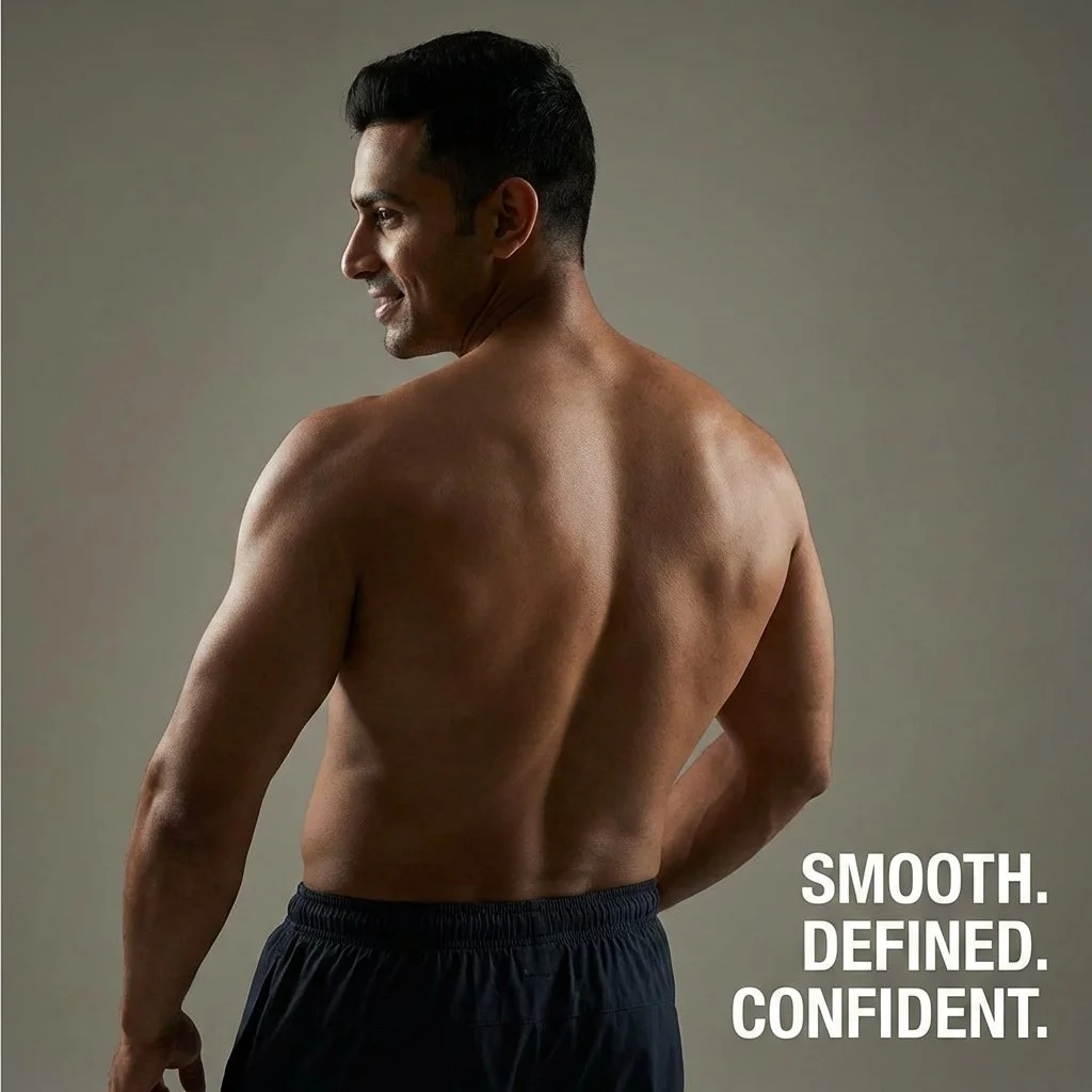 A shirtless man with dark hair turned slightly to the side, smiling and looking downward, against a plain neutral background. Text on the image reads 'SMOOTH. DEFINED. CONFIDENT.'.