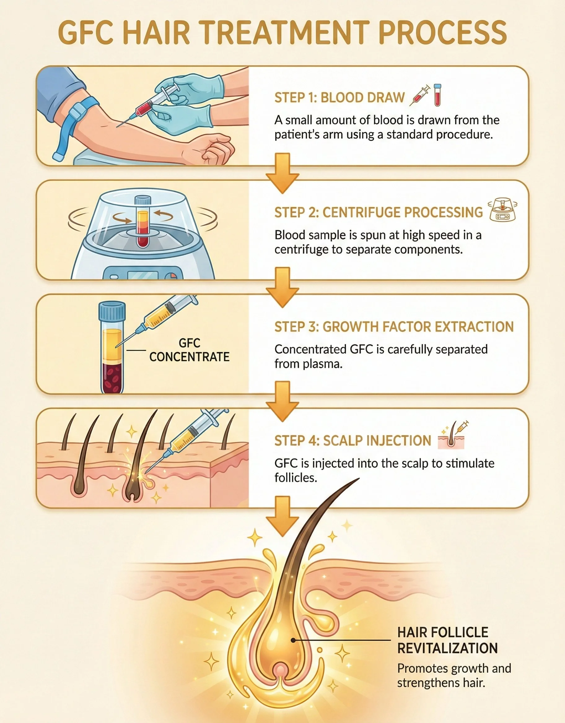 Flowchart of GFC hair treatment process showing steps: blood draw, centrifuge processing, growth factor extraction, scalp injection, leading to hair follicle revitalization and hair growth.