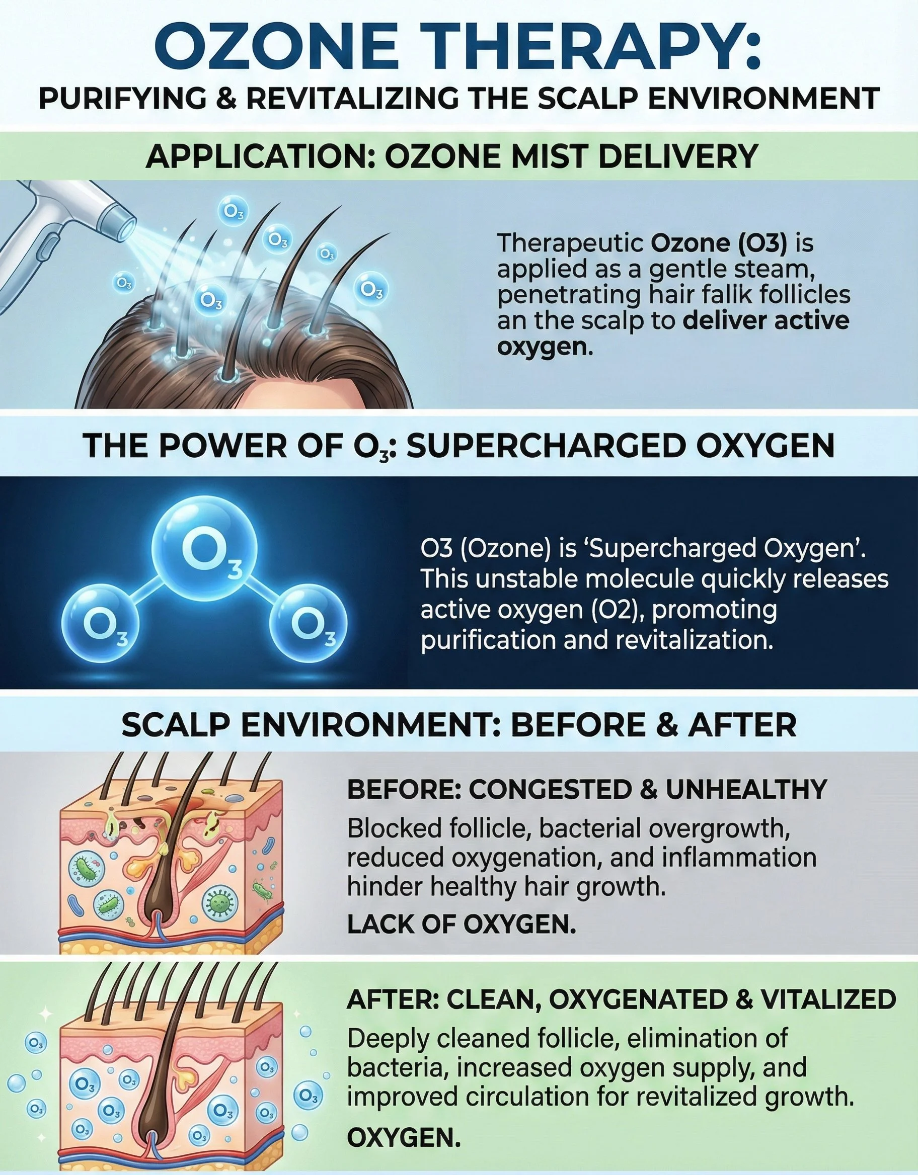 Poster explaining ozone therapy for scalp health, showing ozone mist application, supercharged oxygen molecules (O3), and before-and-after scalp conditions highlighting improved oxygenation and cleanliness after treatment.